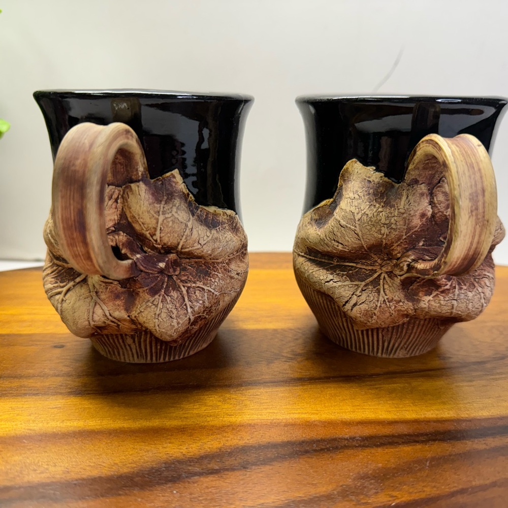 Pottery Clay Leaf Encrusted Mugs Set Of 2 Handmade Signed 3D Unique